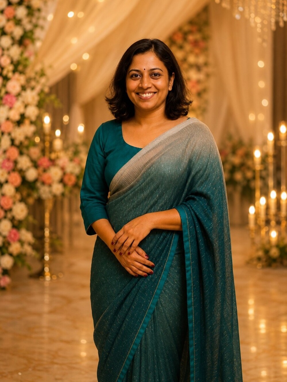 Ready to Wear Teal Shimmer Saree with Blouse | Women's Party Wear Saree |